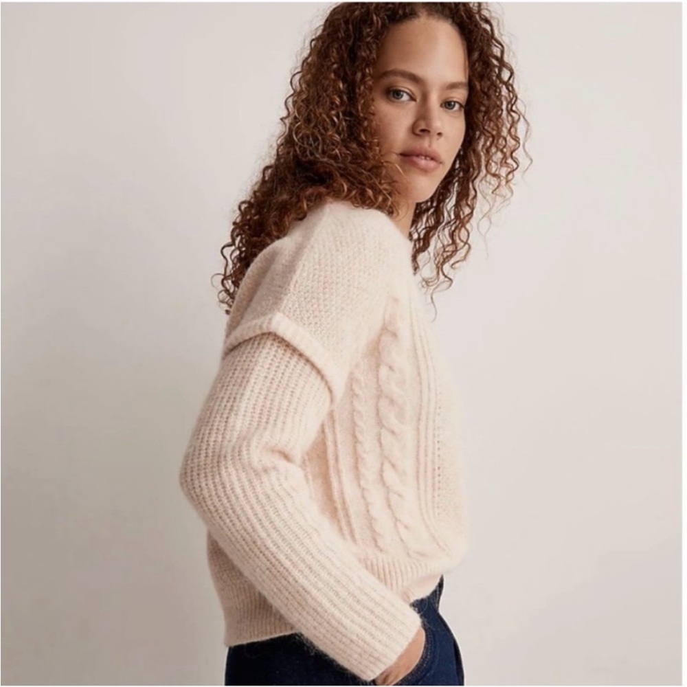 Madewell women’s small Cable Havener Pullover Sweater in cream knit wool alpaca
